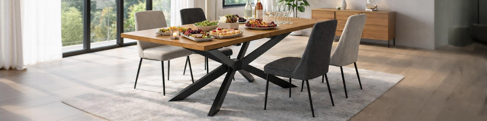 Ein modernes Wohnzimmer mit mehreren Stühlen an einem großen Esstisch getragen von dem ausziehbaren Metall Tischgestell 4V