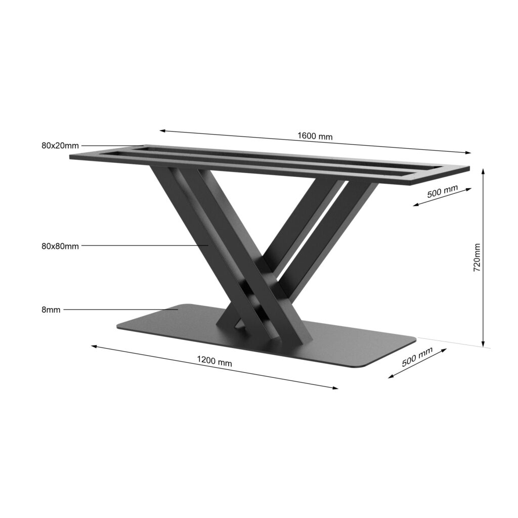 Foto mit Maßen Schwerlast Tischgestell VERA für Stein  und Holzplatten