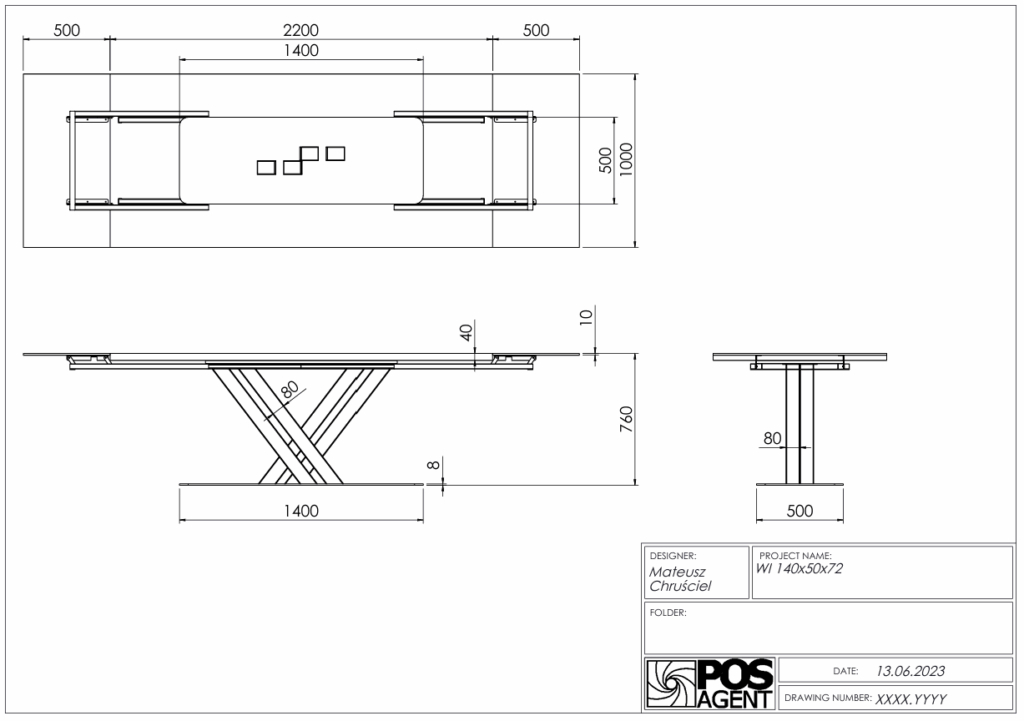 Technische Zeichnung Abmessungen Tischgestell VERA für Holz und Stein