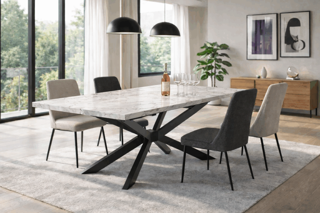 Massives Tischgestell Metall 4V in Doppel-X-Form mit Holztischplatte im Esszimmer