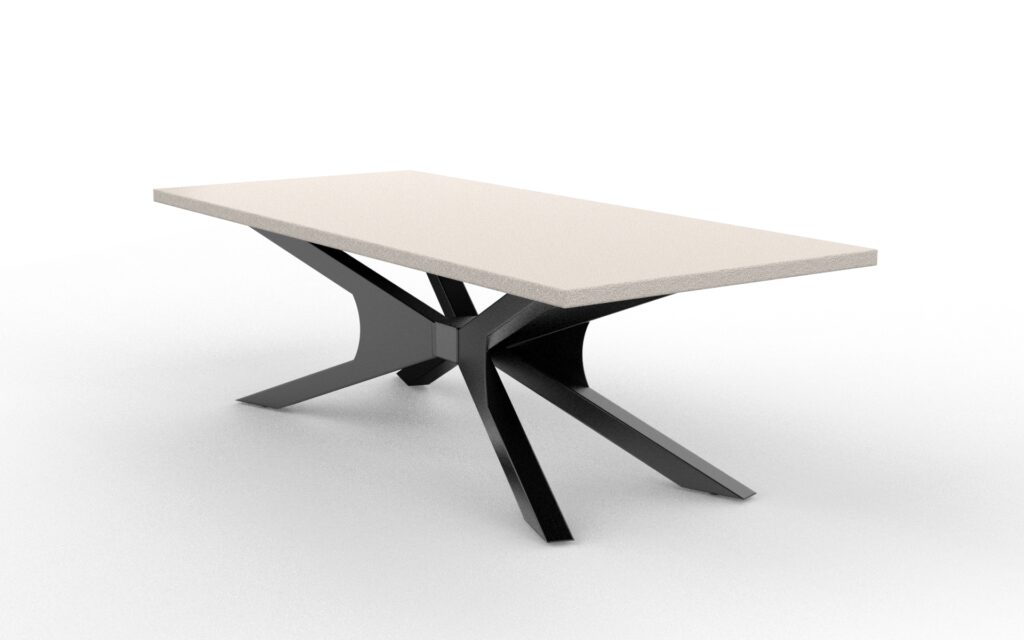 Modern rectangular table with a beige top and sculptural black metal base. The base features angular, intersecting supports for a contemporary look.