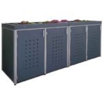 Mülltonnenboxen-mit-Pflanzendach-von-RWGMETAL-09 | Metallwarenfabrik Dunkelgraue 4er Mülltonnenbox aus Metall mit Pflanzdach. Zwei geöffnete Türen zeigen das praktische Kippsystem mit einer blauen und grauen Tonne auf einer gepflasterten Einfahrt