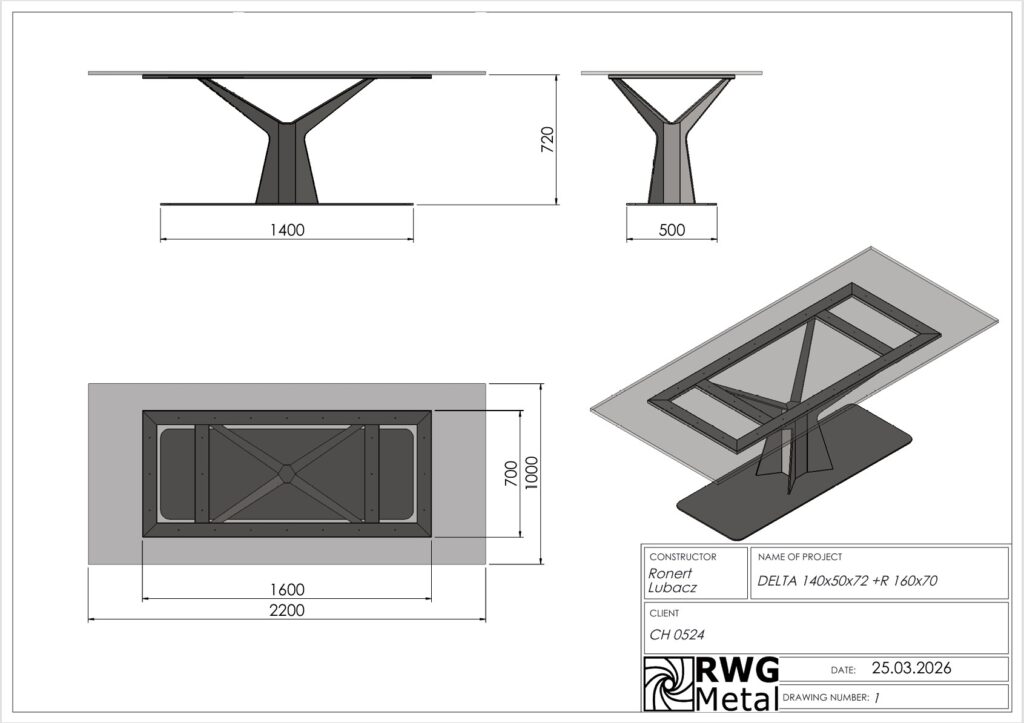 Engineering drawing of a Y‑shaped pedestal table with a rectangular tabletop, shown in top, side, isometric views with dimensions in millimeters (e.g., 1400, 720, 500). The title block and project info are visible in the bottom-right corner.