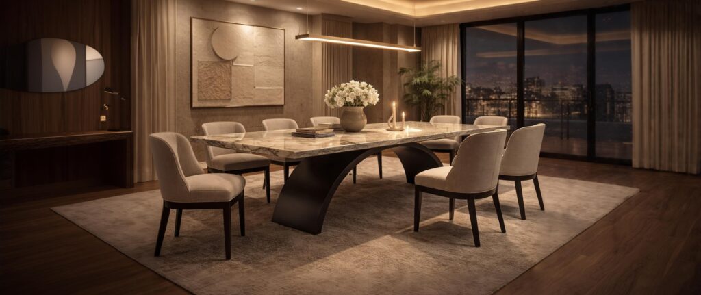 Elegant dining room with a marble table and eight beige upholstered chairs, candle centerpiece, and cityscape visible through floor-to-ceiling windows at dusk.