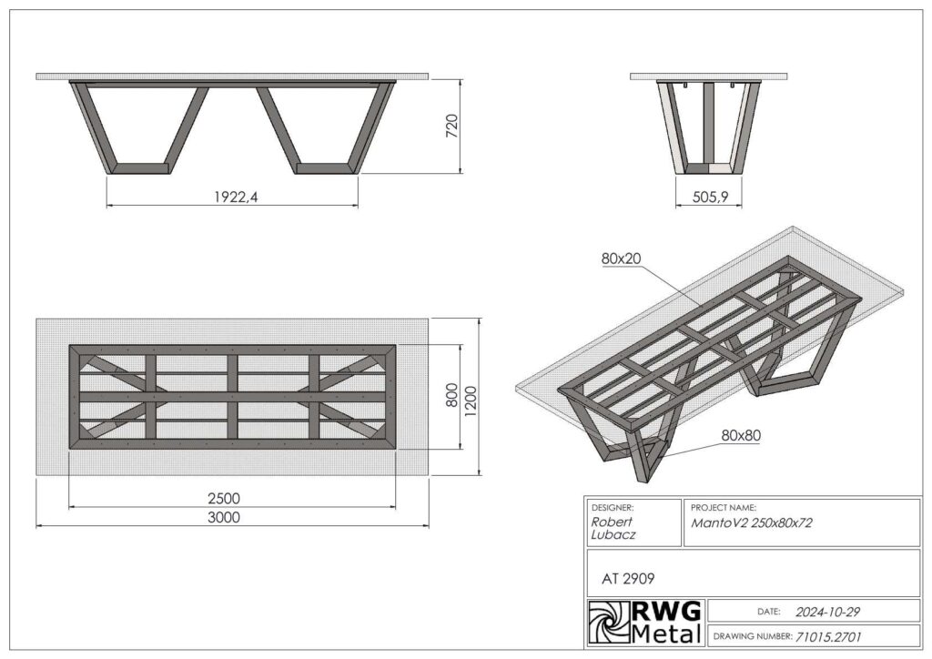 Engineering drawing of a metal frame table showing front, side, top views and an isometric projection with dimension notes for manufacturing.