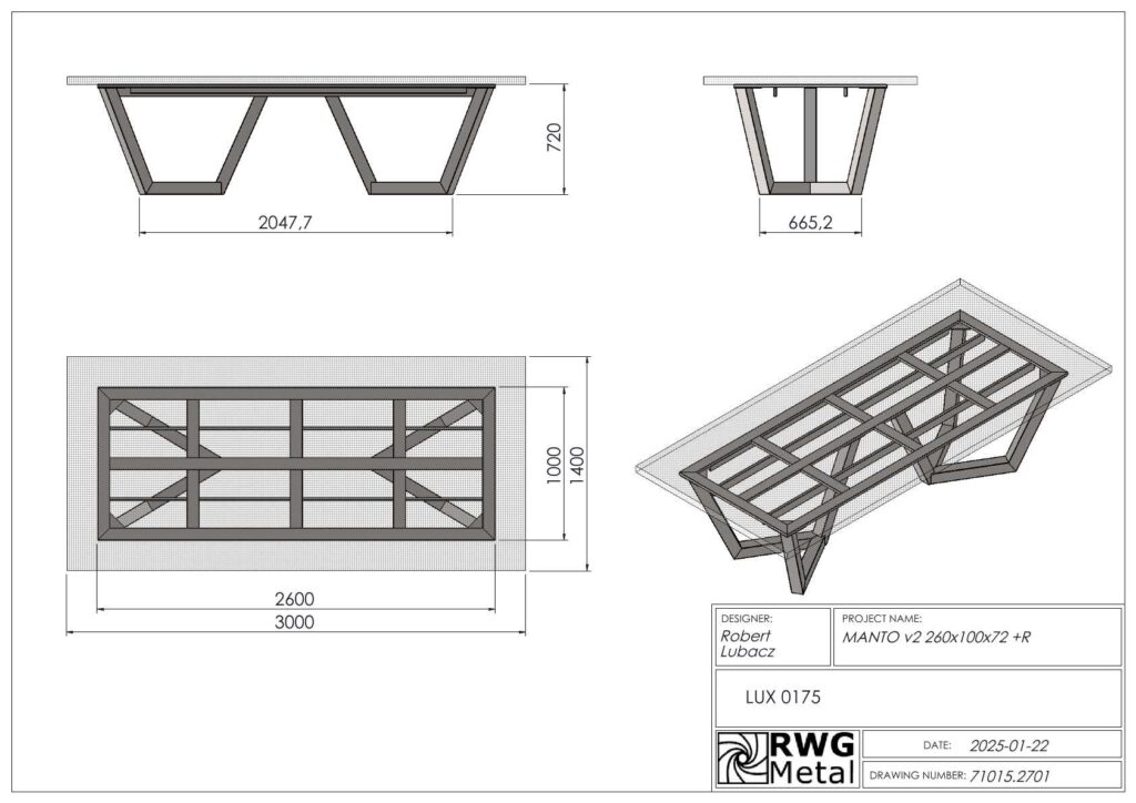 Engineering drawing of a rectangular metal table with angled trestle legs, shown in multiple views (side, front, top, isometric); dimensions include 2600 mm by 3000 mm base and 720 mm height. Title block lists designer Robert Lubacz and project MANTO v2 260x100x72 +R.