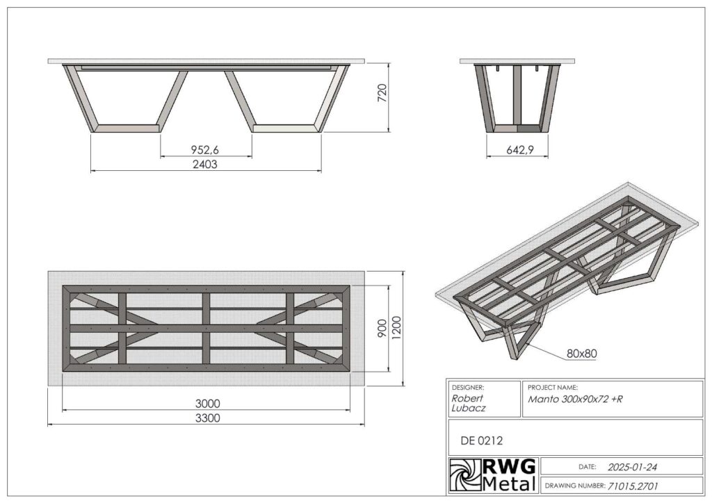 Engineering drawing of a bench frame with angled legs and cross-bracing; front, side, top, and isometric views with dimensions (mm).