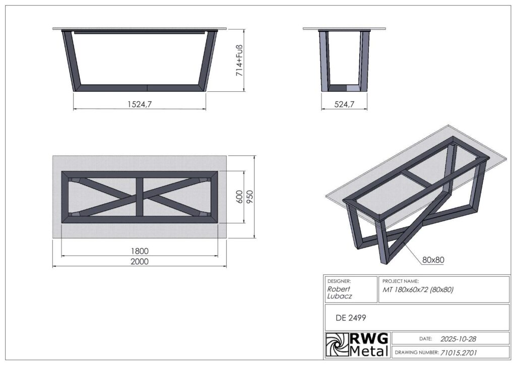 Technische tekening van een metalen tafelonderstel met vooraanzicht, zijaanzicht, bovenaanzicht en isometrisch aanzicht; de belangrijkste afmetingen zijn weergegeven (1524.7 mm lang, 714 mm hoog, 524.7 mm breed) en een titelblok met ontwerper Robert Lubacz en project MT 180x60x72 (80x80).