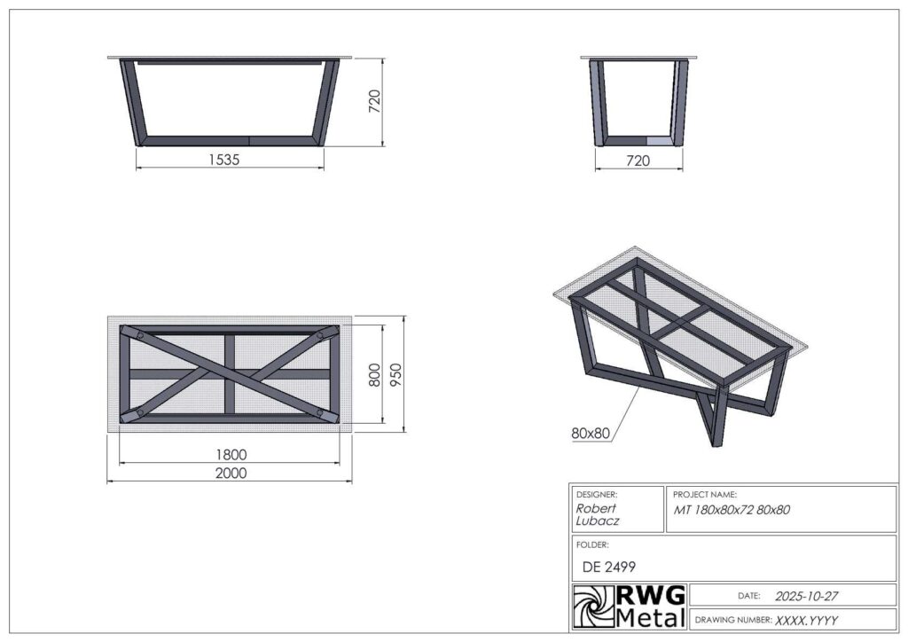Technische tekening van een rechthoekig metalen bankframe met kruisversteviging; inclusief bovenaanzicht, zijaanzicht en een isometrisch aanzicht met afmetingen (ca. 2000x800).
