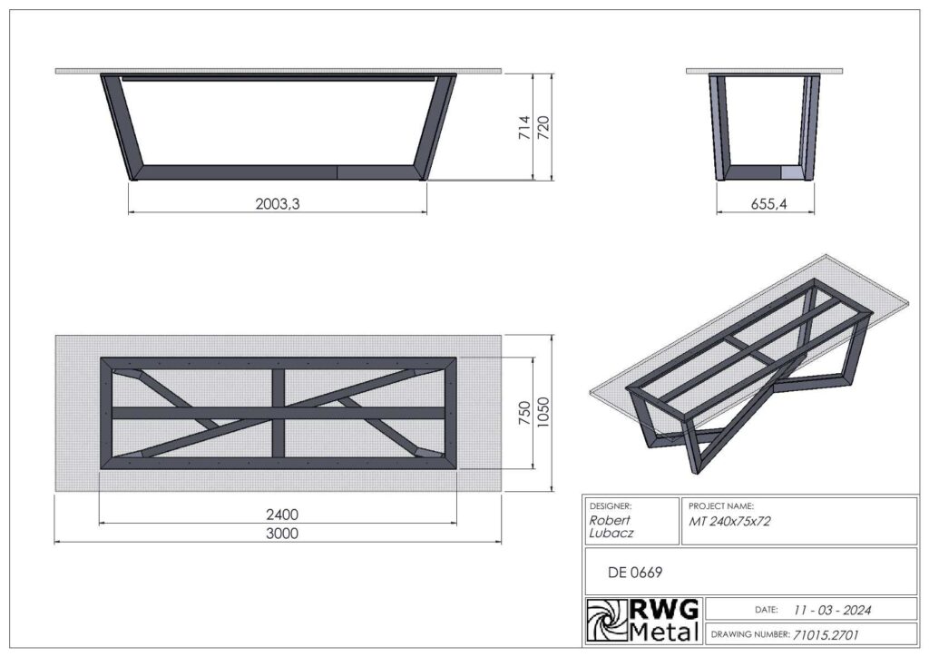 Technische tekening van een metalen tafelonderstel met bovenaanzicht, zijaanzicht en isometrisch aanzicht; inclusief afmetingen en projectdetails (MT 240x75x72).