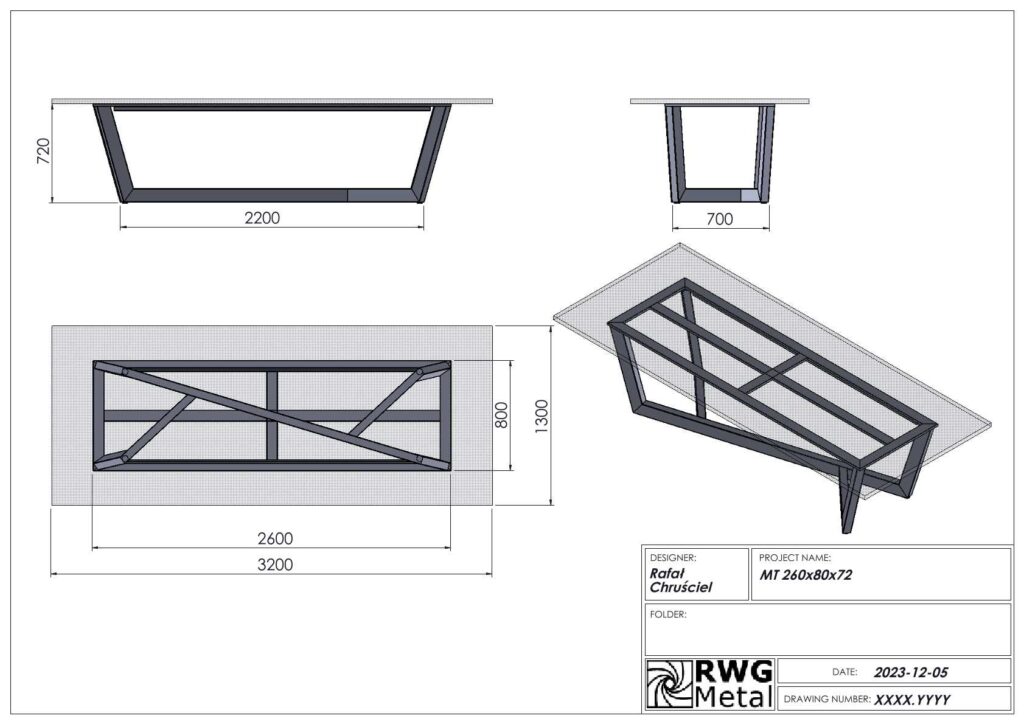 CAD-tekening van een lang rechthoekig metalen tafelonderstel met schuine poten en diagonale kruisversteviging, weergegeven in meerdere aanzichten met afmetingen.