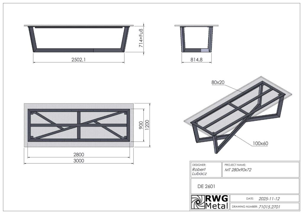 Technische CAD-tekening van een tafel met metalen frame, weergegeven in bovenaanzicht, zijaanzicht, vooraanzicht en isometrisch aanzicht, met afmetingen en een titelblok met informatie over de ontwerper en het project.