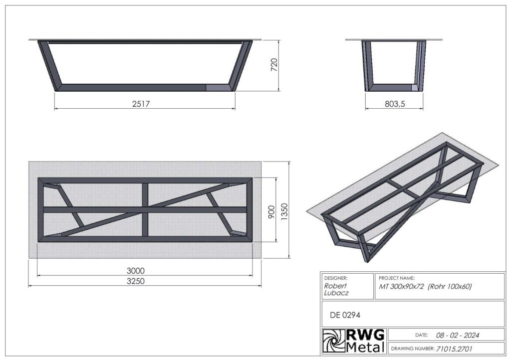 Technische tekening van een meubelstuk met metalen frame, inclusief bovenaanzicht, zijaanzicht, isometrisch aanzicht en maataanduidingen.