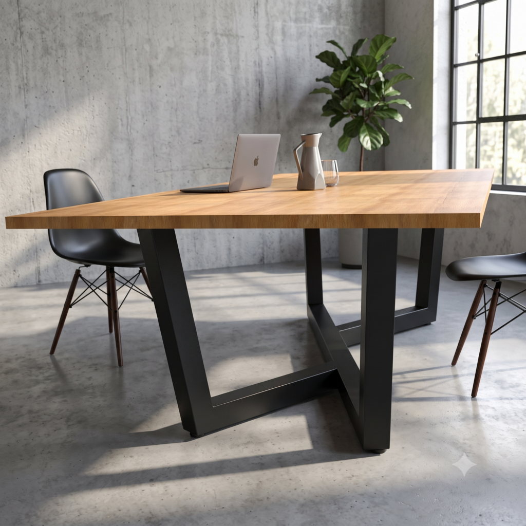 Een kantooromgeving in industriële stijl: een houten tafel met laptop, een karaf, een glas, een grote groene plant, betonnen muren en een hoog raam aan de rechterkant.