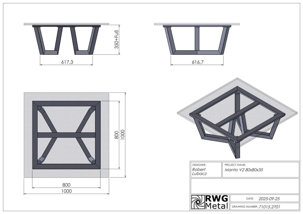 Technical drawing of a table base with top views and an isometric view, showing dimensions (800x1000 footprint, 617.3 mm span) and a square metal frame design for 'Manto V2 80x80x35' by Robert Lubacz.