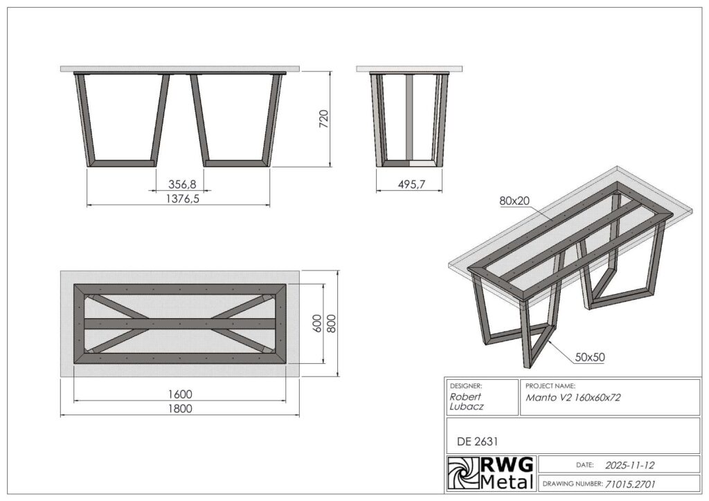 Technical CAD drawing of a rectangular metal table frame with angled legs and cross-bracing, shown in front, side, top, and isometric views with dimensions and a title block (designer Robert Lubacz, project Manto V2 160x60x72).
