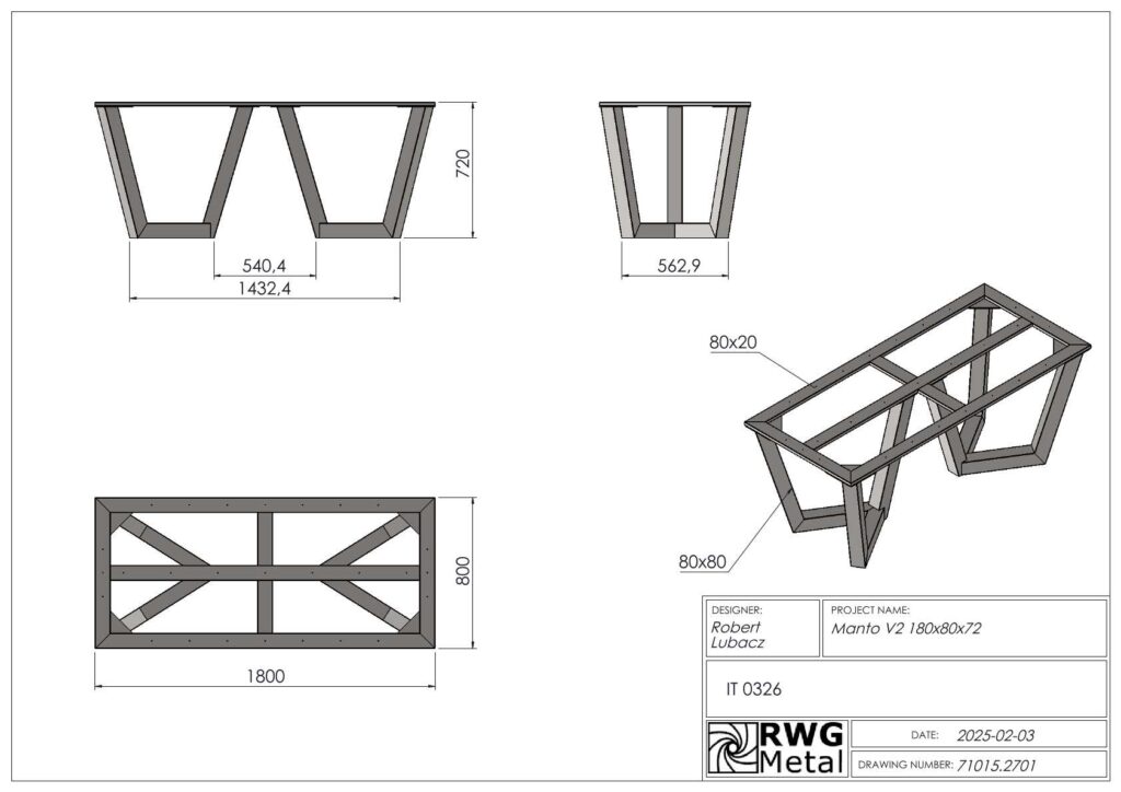 Technical drawing of a wooden bench frame with dimensions and an isometric view for construction.