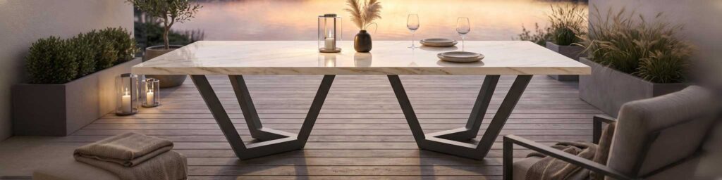 Outdoor dining table on a wooden deck at sunset with candles, wine glasses, and place settings on a marble table