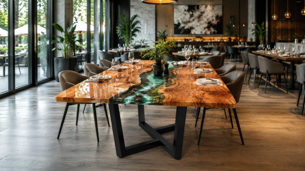 Een lange houten tafel met een groene epoxy rivier die door het midden stroomt, gedekt met borden en glazen in een moderne restaurantomgeving.