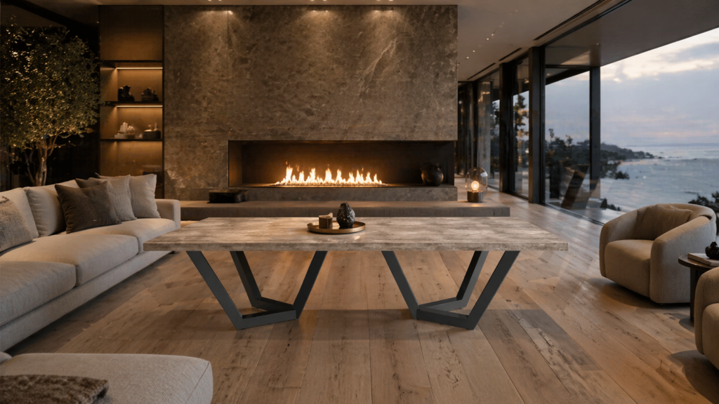 Modern living room with a long linear fireplace, gray stone wall, and a coastal view through floor-to-ceiling glass walls at sunset/ dusk.