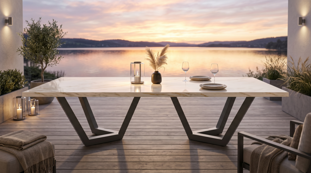 Outdoor dining scene at sunset by a lake: marble table set with two plates, wine glasses, a vase with dried pampas, and candles.