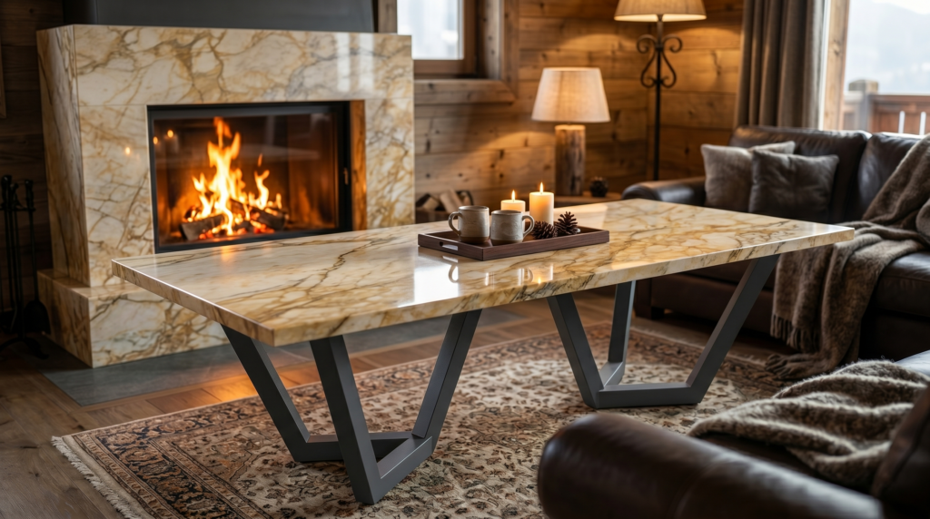 Cozy living room with a marble coffee table, lit fireplace, and a wooden tray holding candles, mugs, and pine cones.
