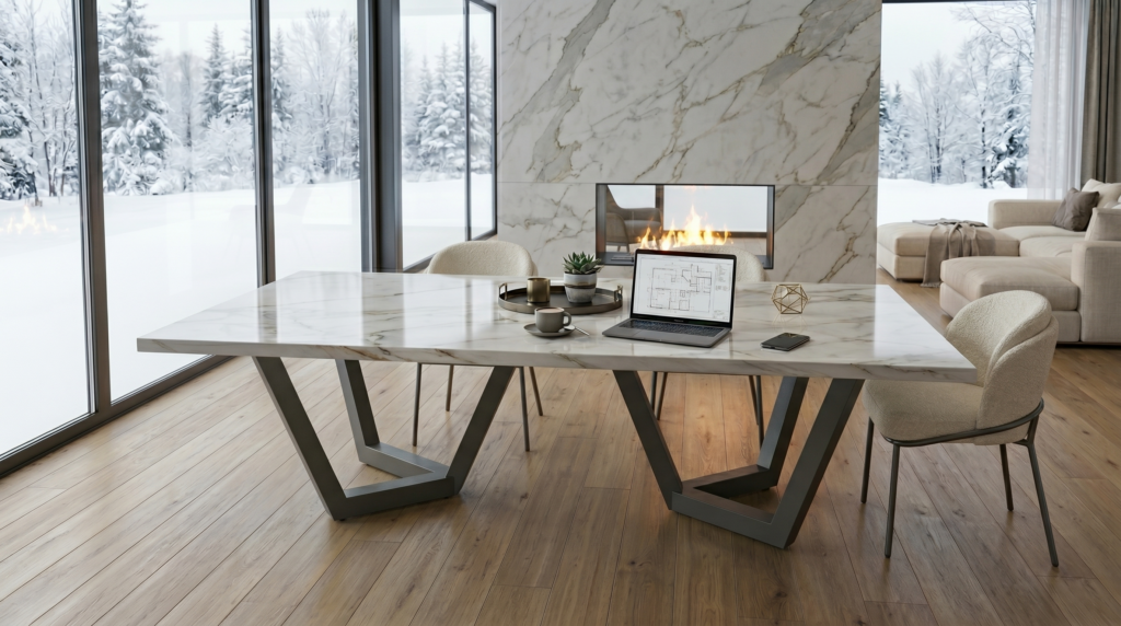 Marble dining table with a laptop, cup, plant, and geometric decor in a bright living room with a marble fireplace and snow outside the windows