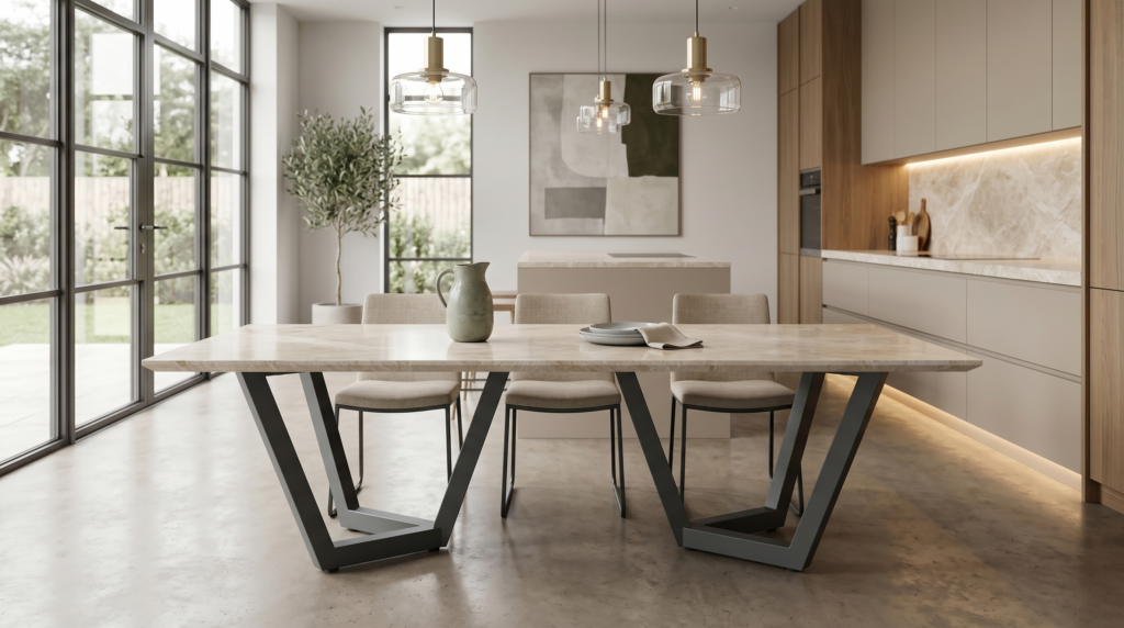 Modern kitchen and dining area with a marble table, beige chairs, and large floor-to-ceiling windows with pendant lights above.
