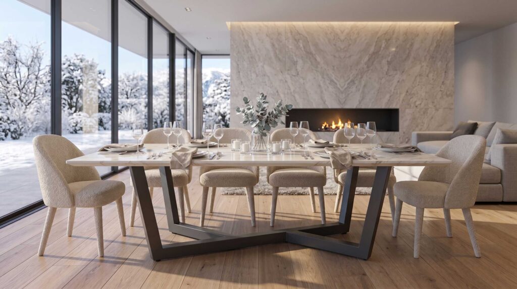 Moderne eetkamer met een marmeren tafel, beige stoelen en een open haard; door grote glazen wanden is een besneeuwd landschap te zien.