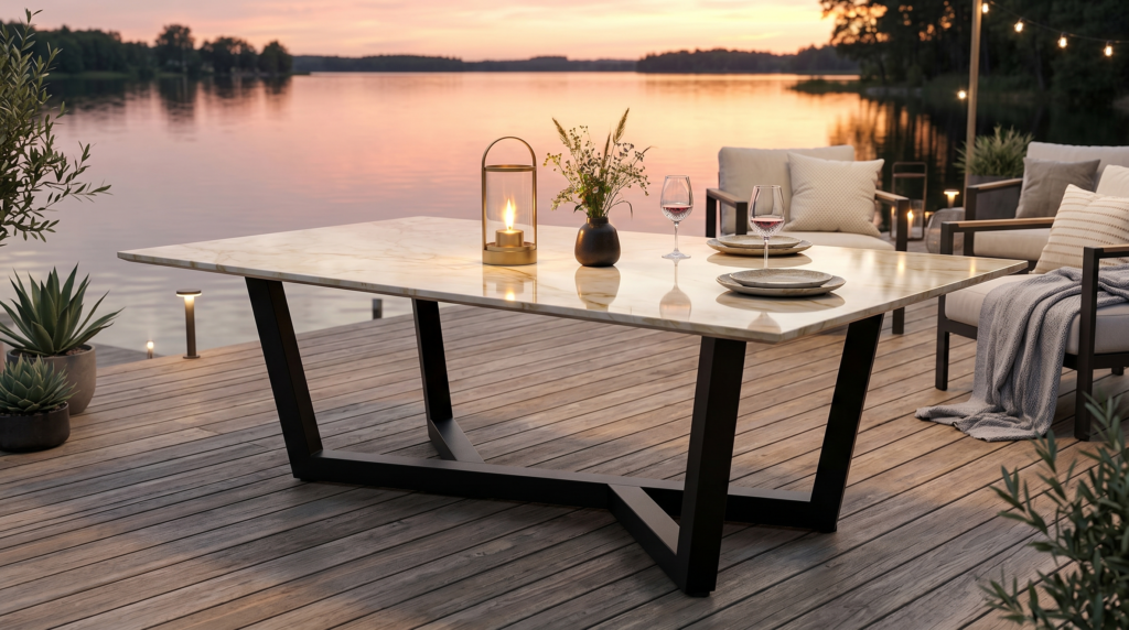 Een sfeervolle buitenomgeving aan het meer, perfect voor een diner bij zonsondergang, met een marmeren tafel, lantaarn, vaas met wilde bloemen, twee wijnglazen en comfortabele zitkussens op een houten terras.