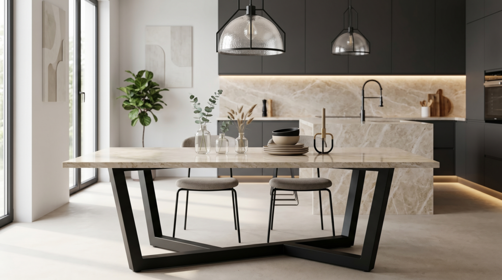 Open keuken en eetgedeelte met een marmeren tafelblad, zwarte metalen poten en decoratieve vazen, tegen een achtergrond van donkere kasten en warme verlichting.