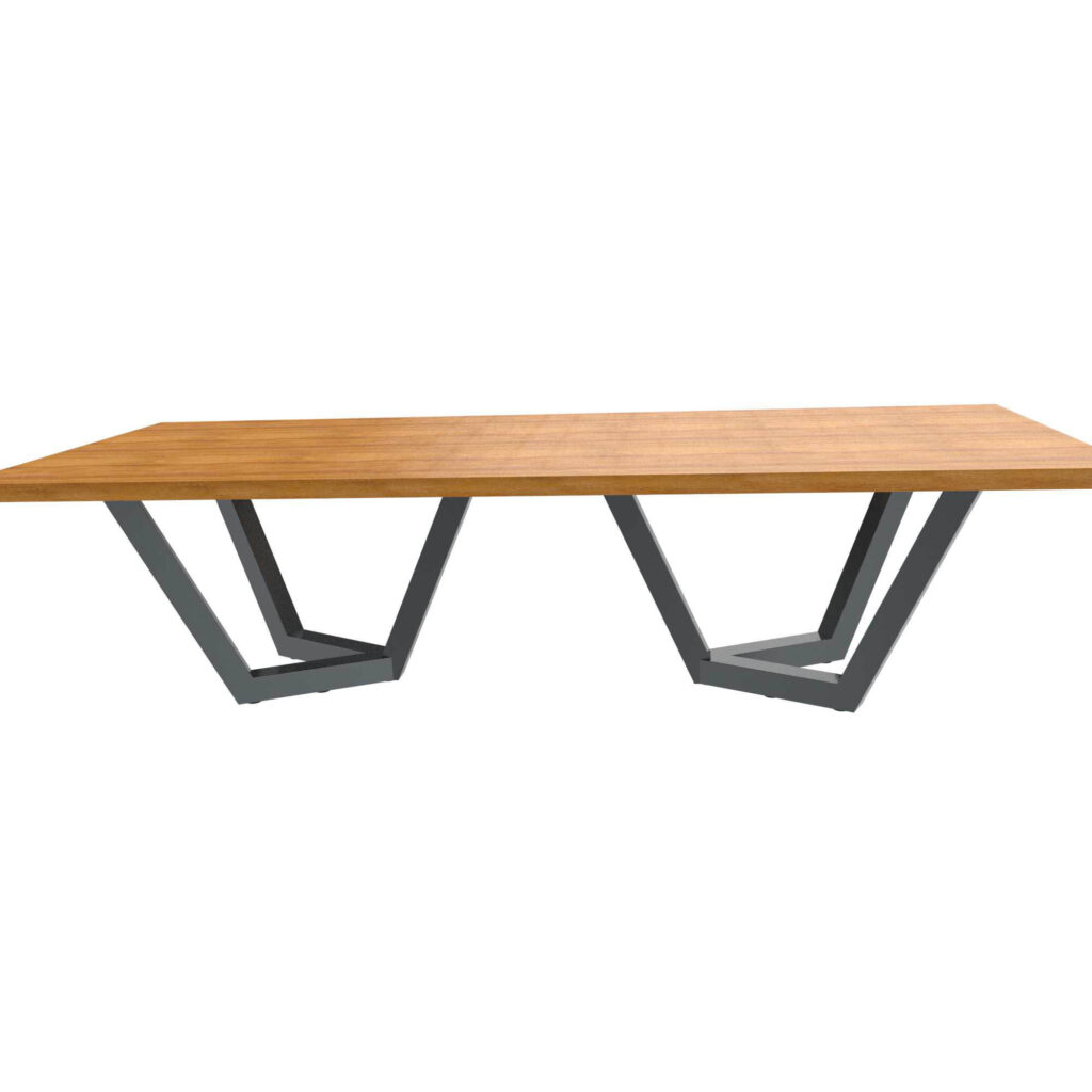 Close-up perspective of a wooden tabletop with gray metal legs against a white background, highlighting the edge of the desk.