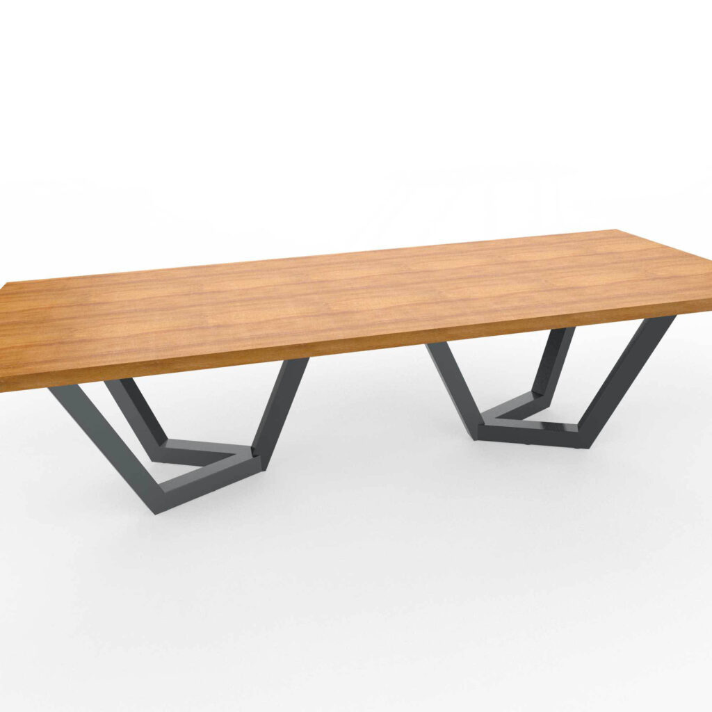 Wooden tabletop with dark gray metal legs, viewed from the side against a white background.