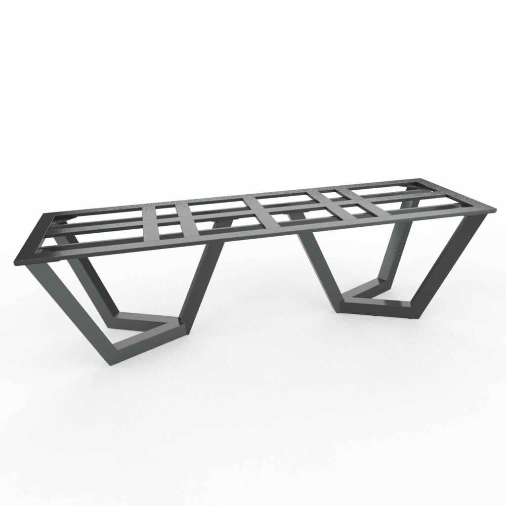 Angled gray metal lattice frame viewed from below against a white background.