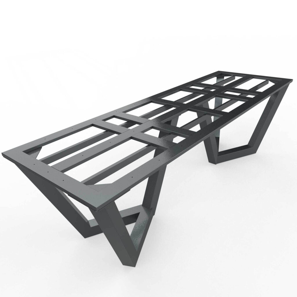 Low-angle view of a dark gray metal roof truss framework with a rectangular lattice setup against a white background.
