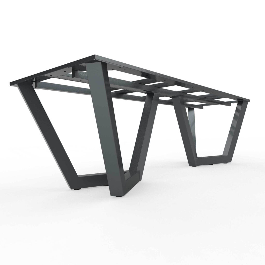 Industrial-style metal table frame with angled legs, viewed from the side against a white background.