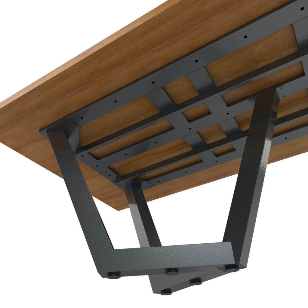 Angled view of a metal frame with wooden planks, showing bolts and joints in a structural assembly (wood and steel framing).