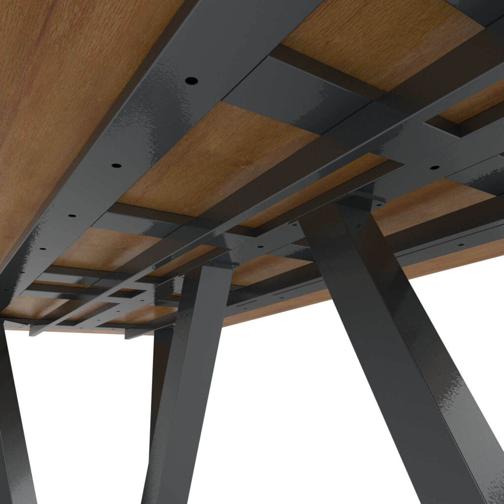 Close-up view of a diagonal ceiling framework with gray steel beams and wooden panels, forming an abstract industrial structure