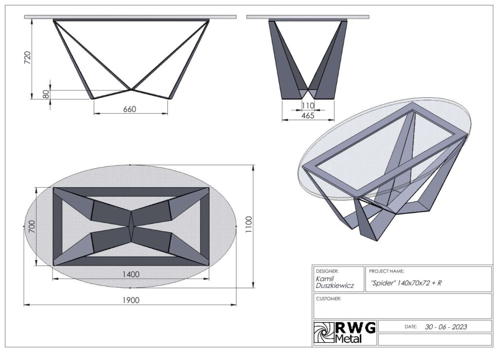 Orthographic and isometric drawings of a 'Spider' metal frame, showing front, side and top views with dimensions and a 3D renders, on a design sheet with title block.