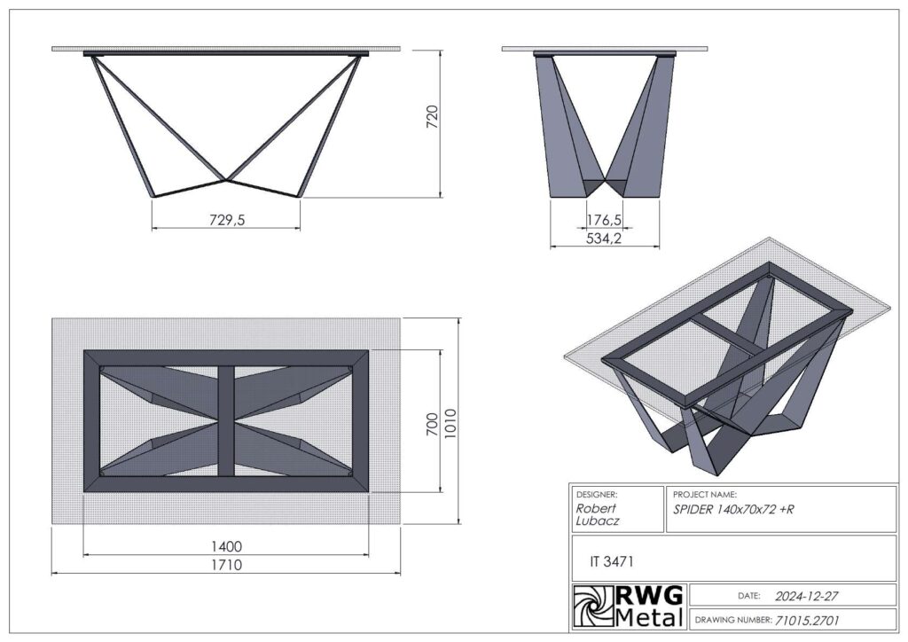 Technical drawing of a metal frame with crisscross legs and a rectangular top, shown in front, side, and top views with dimensions and an isometric view.