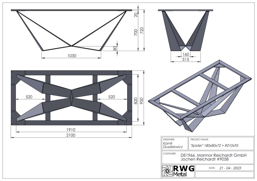 Technical drawing of a metal frame structure called 'Spider', showing top, side, and isometric views with dimensions (2100x950 base, 820/950 height).