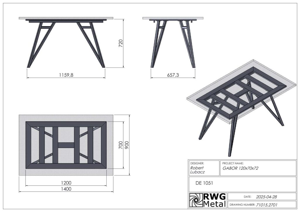 Technical drawing of a rectangular work table with angled trestle-style legs, showing top, side elevations and an isometric view with dimensions (approx. 1200 mm x 900 mm base, 720 mm height). Project: GABOR 120x70x72.