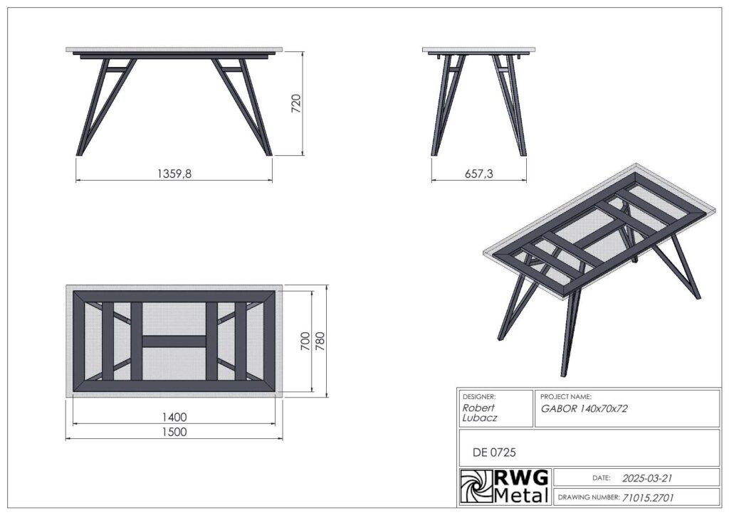 Engineering drawing of a trestle table with side, top and isometric views; dimensions: L≈1360mm, W≈658mm, H=720mm.