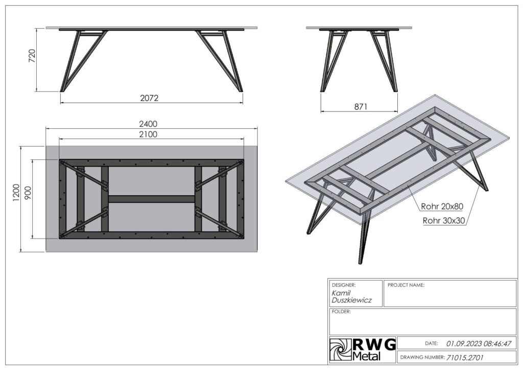 Engineering drawing of a rectangular table with angled metal trestle legs, shown in top, side, and isometric views with metric dimensions.