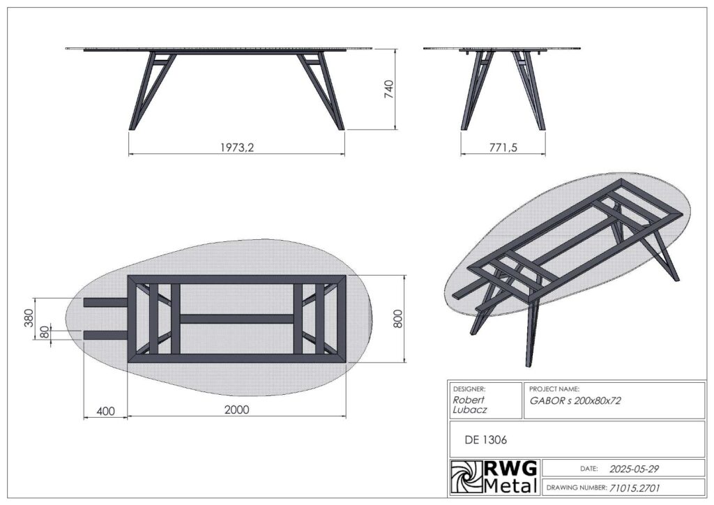 Technical drawing of a rectangular table with angled trestle legs, shown in top, side, front, and isometric views with overall dimensions (approx. 2000 mm length, 800 mm width, 740 mm height). Includes a title block in the bottom-right.