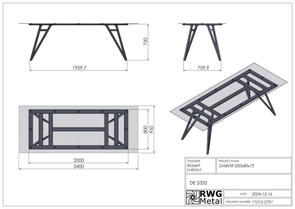 Technical drawing of a rectangular table with angled trestle legs; shows top, side and isometric views with overall dimensions and scale.