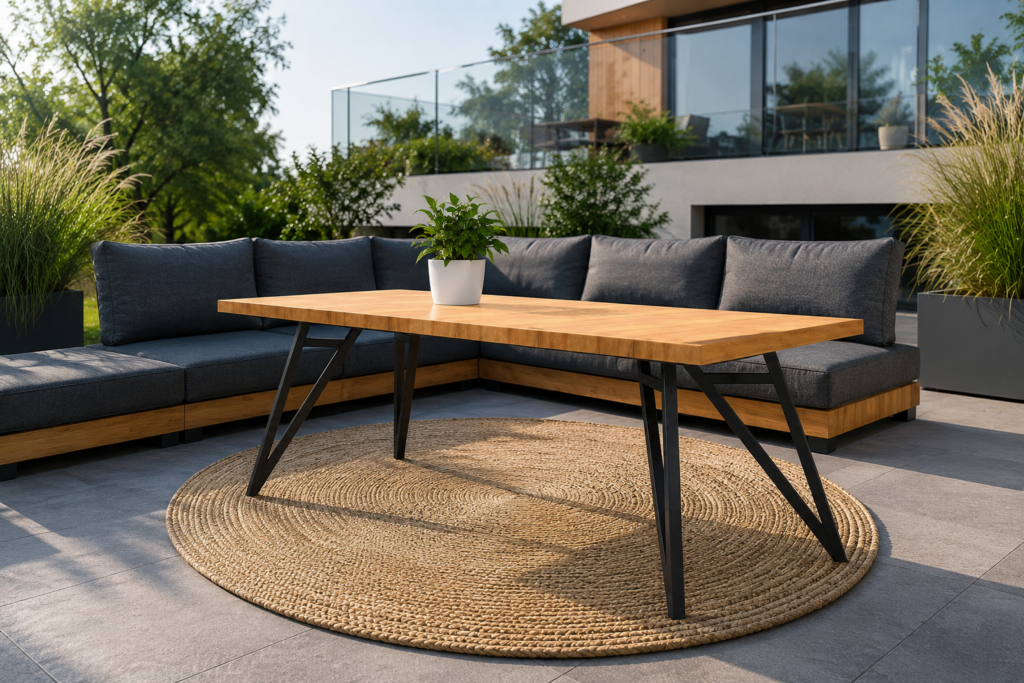 Outdoor patio seating with a wooden table on a round woven rug and gray cushioned sofa setup, potted plant centerpiece