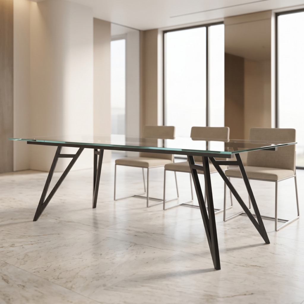 Minimalist glass conference table with black metal legs in a bright modern office, beige chairs, and large windows in the background