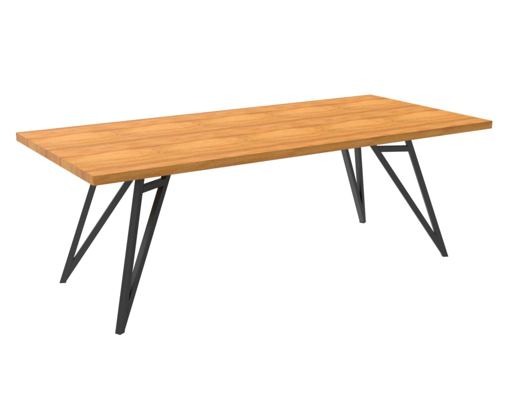 Rectangular wooden tabletop with black metal trestle legs, viewed from a diagonal angle.