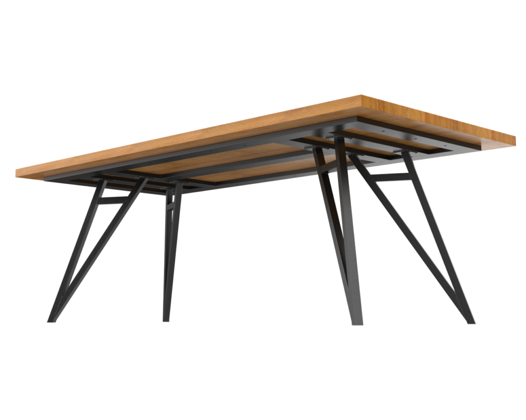 Underside view of a modern table with a wooden top and black angled metal legs.